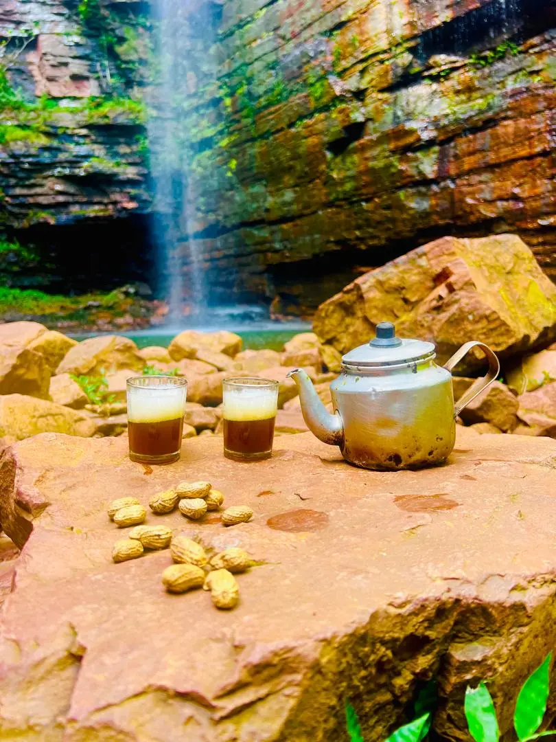 Théière et verres de thé installés près d’une cascade