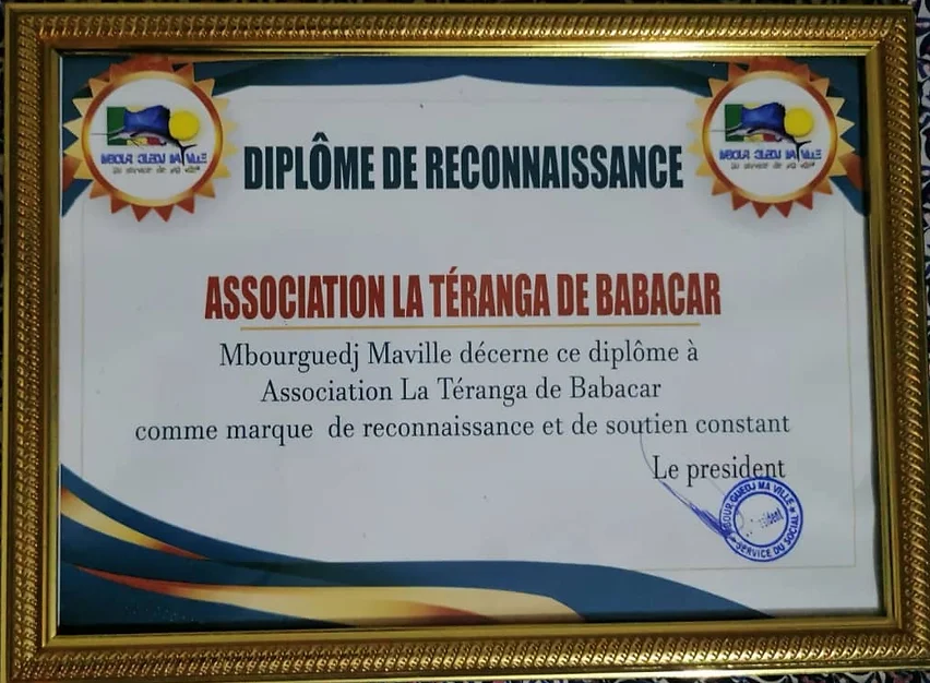 Diplome de reconnaissance décerné par Mbourguedj Maville à l'association La Teranga de Babacar